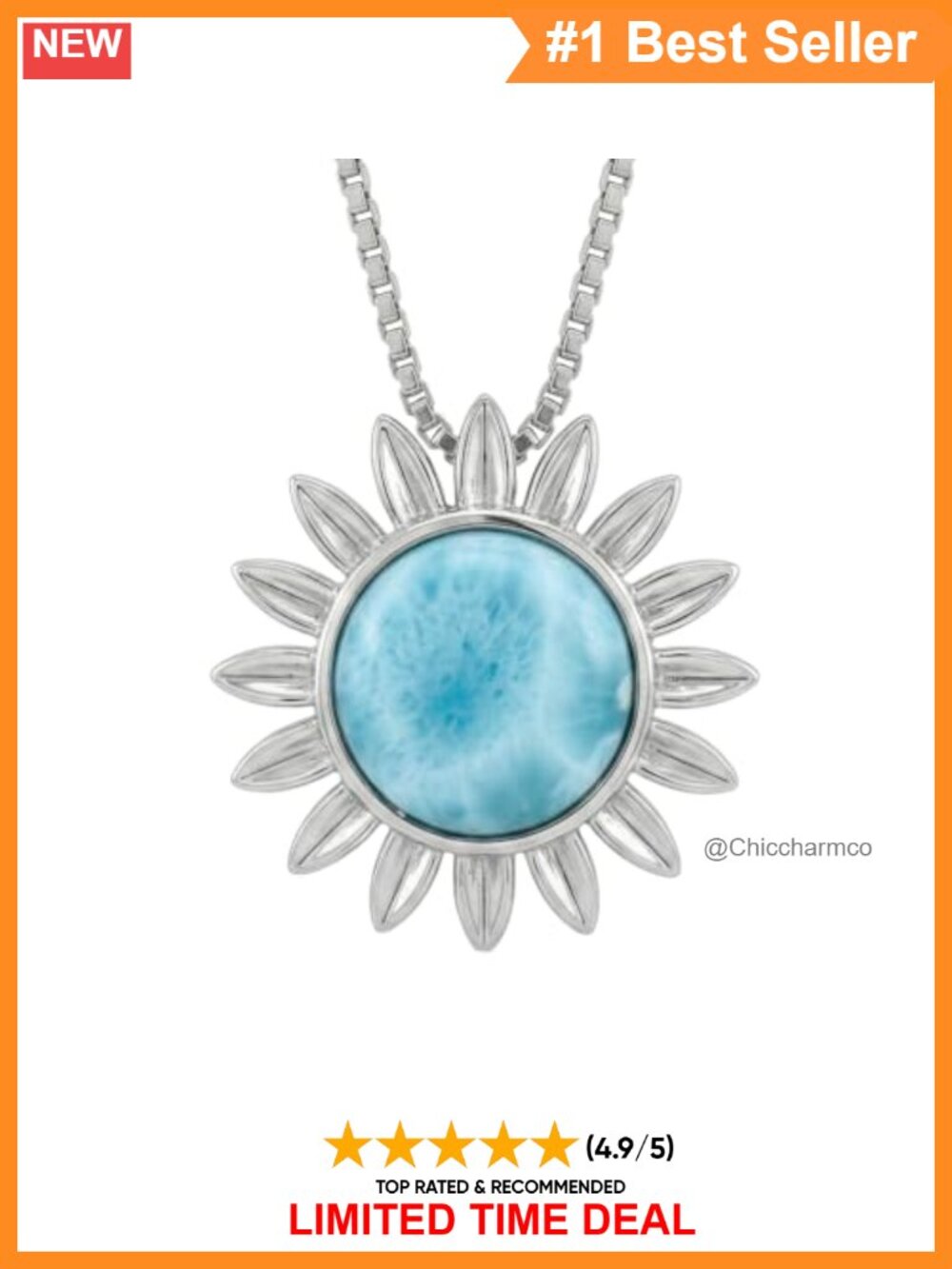 925 Sterling Silver Natural Larimar Sunflower Necklace 18" Box Chain